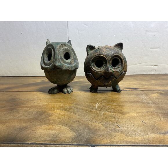 Set Of 2 Vintage Japanese Brass Owl Mid-Century Era Cast Iron - Picture 3 of 12